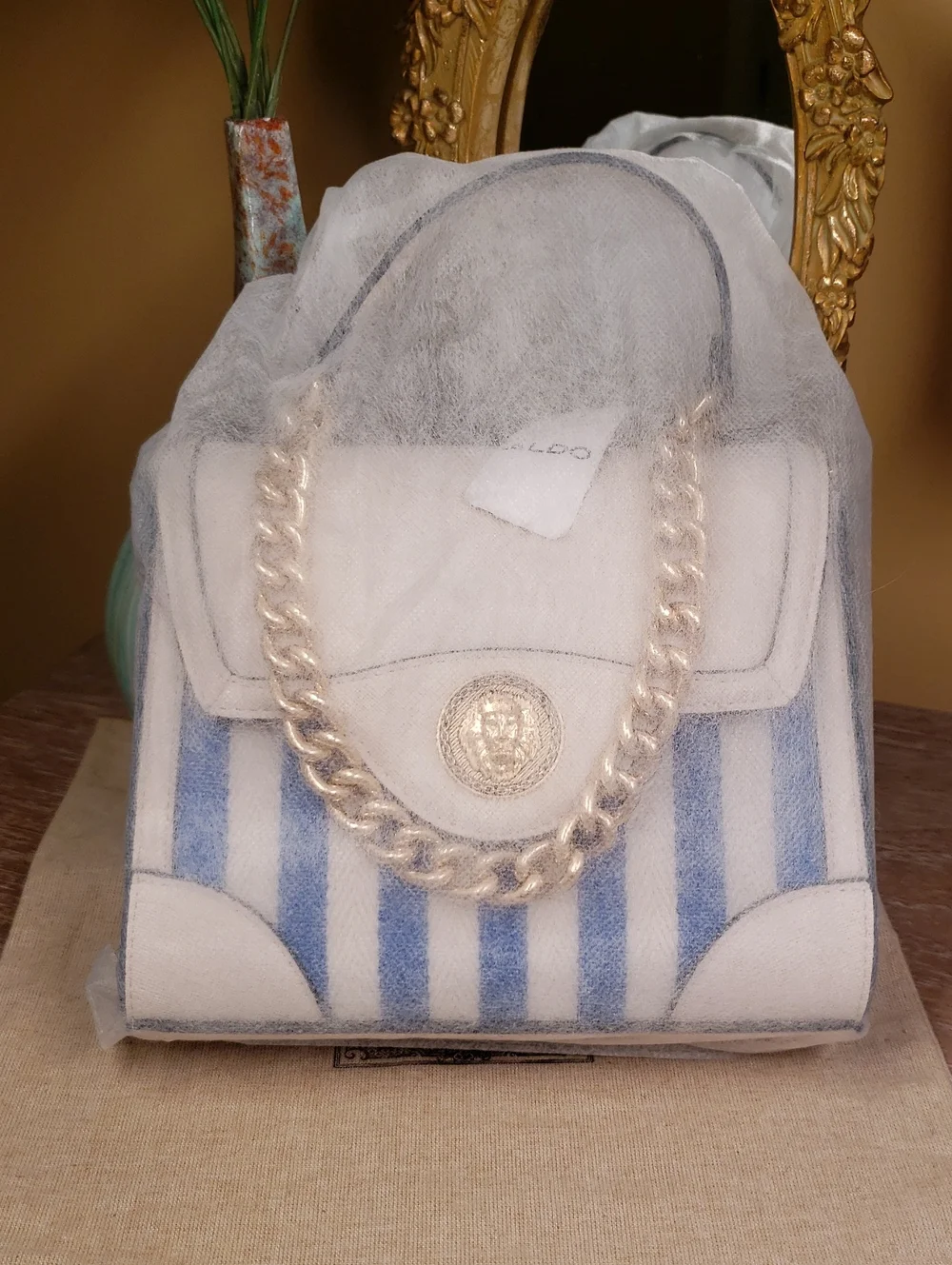 ALDO Blue & White Striped Satchel Crossbody w/ Gold Lion & Chain Accent NWT!